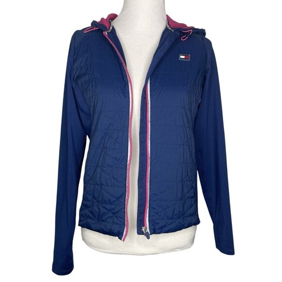 Tommy Hilfiger Womens Hooded Jacket Size Small Full Zip Active Thumbholes Blue - Picture 2 of 8